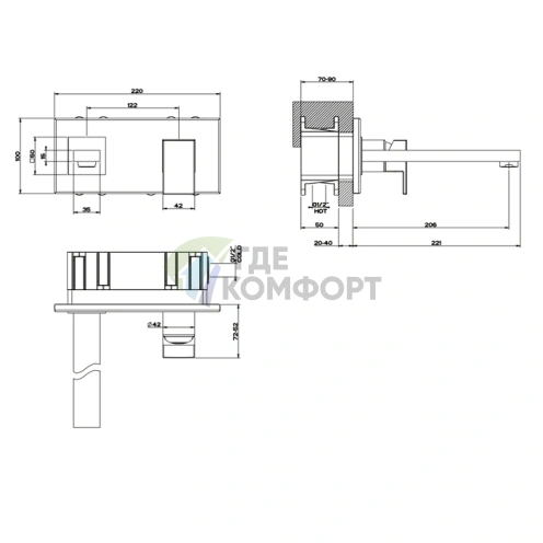 Смеситель Gessi Rettangolo встраиваемый однорычажный, излив 206 мм, черный (44836#299) - фото 2