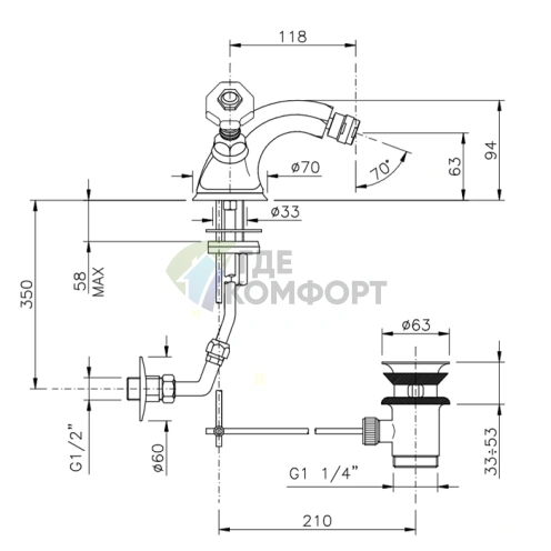Смеситель для биде Nicolazzi Teide с донным клапаном и хромированными ручками Crystal Handle (1934CR15) - фото 2