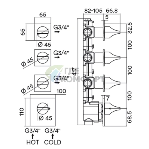 Смеситель для душа термостатический встраиваемый BOSSINI APICE, 3 вентиля, черный матовый (Z035205.073) - фото 2