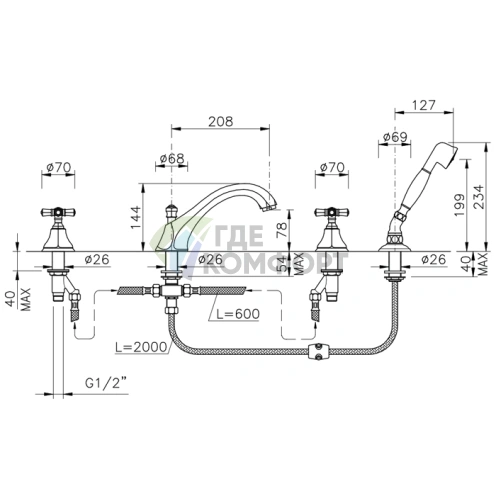 Смеситель для ванны Nicolazzi Teide Foure с ручным душем, 4 отверстия, хром (1904CR45) - фото 2