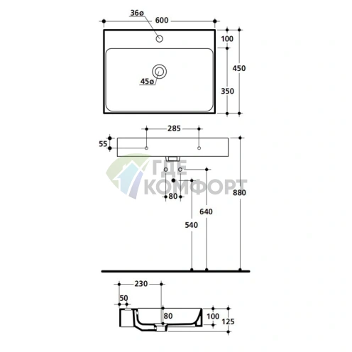 Раковина KERASAN Cento 60×45 накладная с одним отверстием белая (353101*1) - фото 6