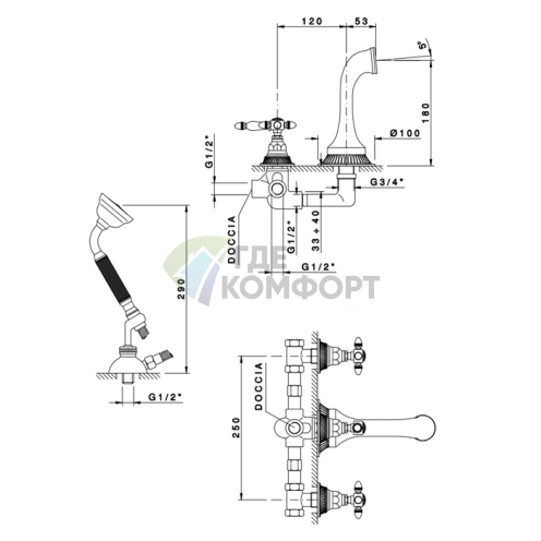 Смеситель для ванны Nicolazzi Impero настенный, встраиваемый, 4 отверстия, хром (1203CR36L) - фото 2