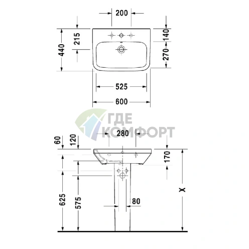 Подвесная раковина DuraStyle с полупьедесталом и переливом, 600x440 мм, белая (2319600000) - фото 2