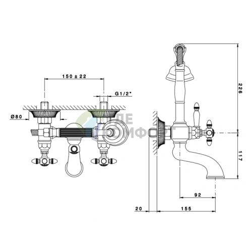 Смеситель для ванны с душем Nicolazzi Impero: настенный, 2 отверстия, хром (1201CR36L) - фото 2