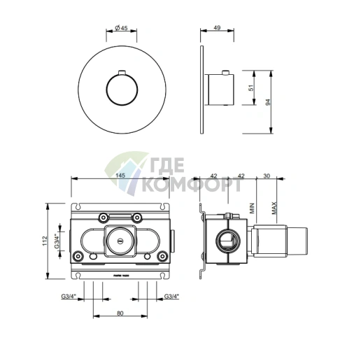 Смеситель термостатический настенный FANTINI SAILING Matt Gun Metal PVD (67 P5 J200B) - фото 2