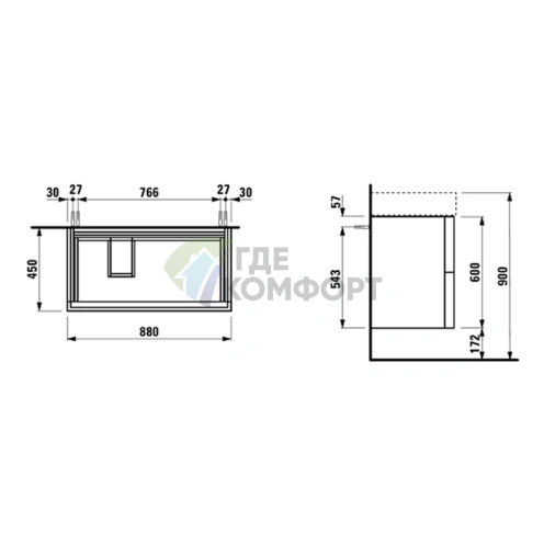 Тумба под раковину Laufen Kartell 810338 с 2 ящиками и полкой, 880x450x600 мм, белый матовый (4.0761.8.033.640.1) - фото 2
