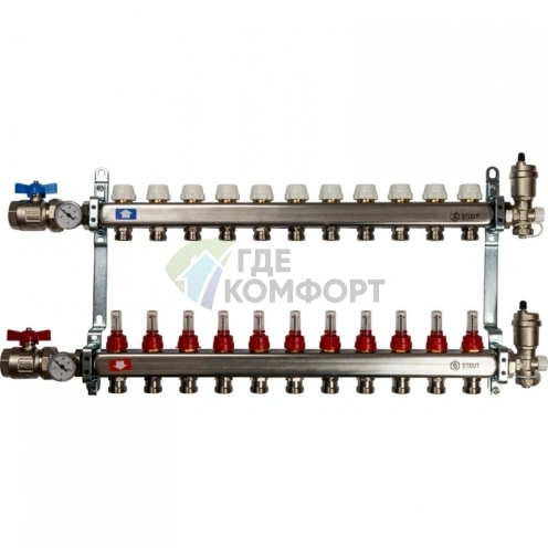 Коллекторная группа в сборе из нержавеющей стали с расходомерами на 11 выходов STOUT - фото 2