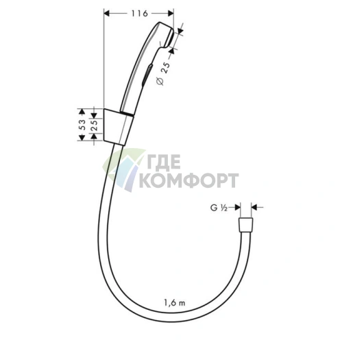 Гигиенический душ Hansgrohe 1jet с 1,6-метровым шлангом и настенным держателем в хроме (32128000) - фото 2