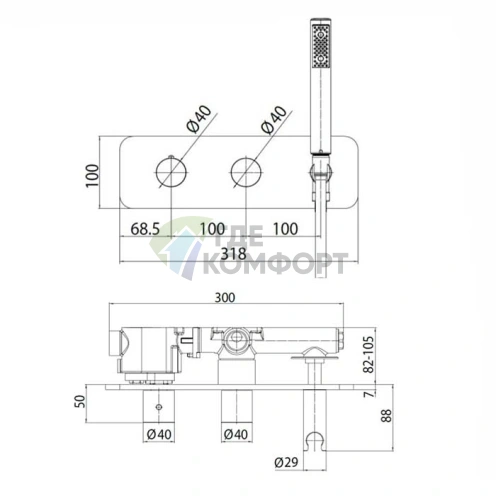 Термостат Bossini Oki с девиатором на 2 выхода, ручным душем ZEN и шлангом (Z005351.030) - фото 2