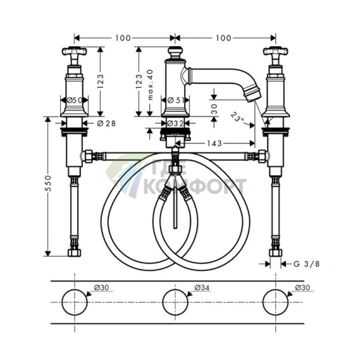 Смеситель для раковины AX Montreux с тремя отверстиями и сливным гарнитуром в полированном золоте (16536990) - фото 2