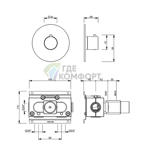 Смеситель термостатический настенный FANTINI SAILING Deep Black PVD (67 S1 J200B) - фото 2
