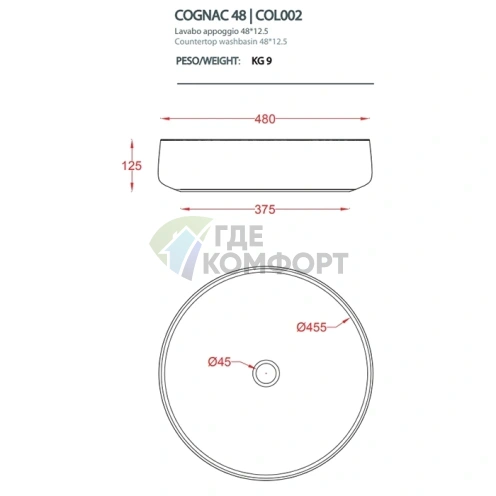 Раковина ArtCeram Cognac 48 см белая матовая без отверстий (COL002 05 00) - фото 2