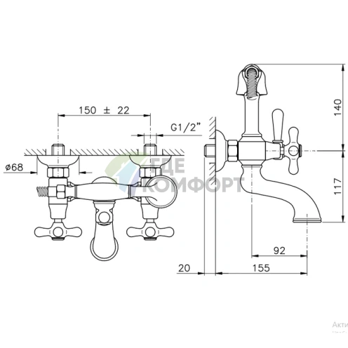 Настенный смеситель для ванны Nicolazzi Nuova Brenta с душевой лейкой, цвет Gold Brass (2501GB) - фото 2
