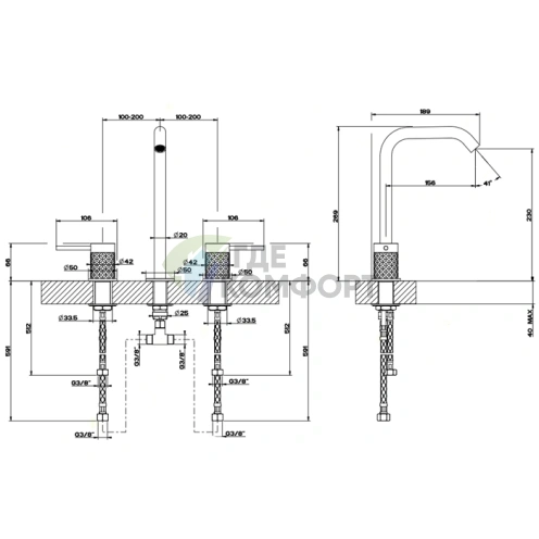 Смеситель для раковины GESSI 316 на 3 отверстия без донного клапана, сталь матовая (54111#239) - фото 2