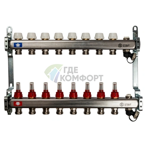 Коллекторная группа с запорными кранами из нержавеющей стали с расходомерами на 8 выходов STOUT - фото 1