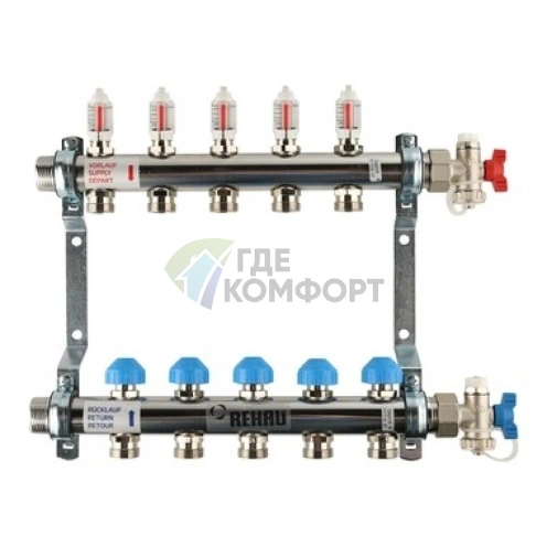 Коллекторная группа REHAU HKV-D на 5 выходов (РЕХАУ - 12080511002)1x3/4ЕК из нержавеющей стали с регулирующими и термостатическими вентилями и расходомерами - фото 1