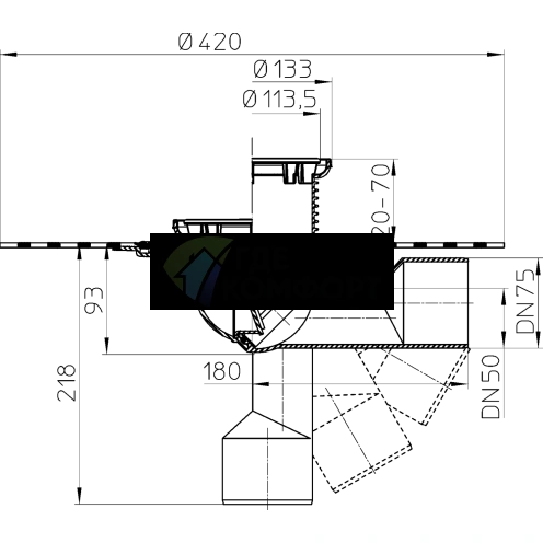 Трап HL80HR с решеткой 133x133 мм-гидроизоляционным полотном-незамерзающим затвором и выпуском в виде поворотного шарнира от 0° до 90° - фото 3