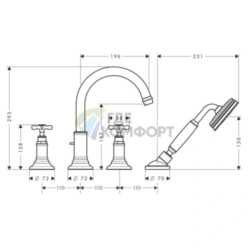 Смеситель для ванны AX Montreux настенный с ручным душем, хром (16546000) - фото 2