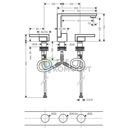 Смеситель для раковины AX Edge с донным клапаном Push-Open, 3 отв., полированное золото (46050990) - фото 2