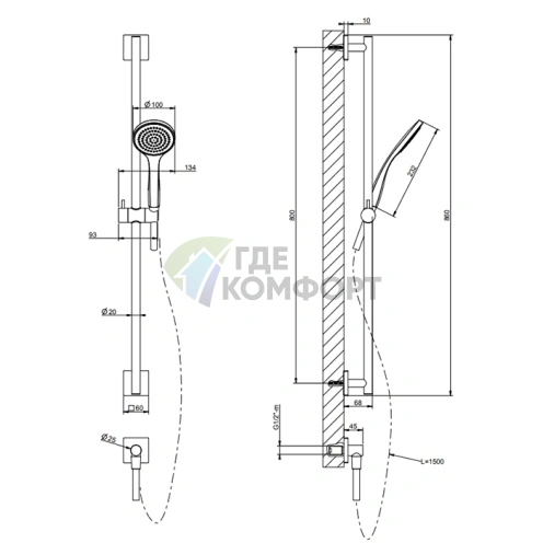 GESSI Rilievo: Душевая штанга с лейкой и настенным подключением, цвет Nero XL (59242#299) - фото 2