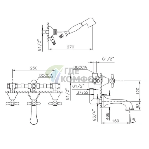 Смеситель для ванны Nicolazzi Nuova Brenta трехвентильный встраиваемый с душевой лейкой, цвет Gold Brass (2503GB) - фото 2