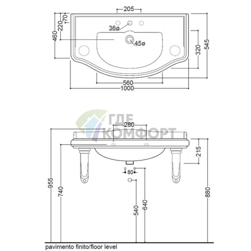 Раковина KERASAN Retro 100x54,5 см с 3 отверстиями, черный блестящий (105004 nero*3) - фото 2