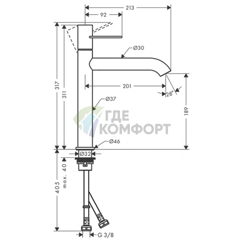 Смеситель для раковины AX Uno с донным клапаном, хром (38032000) - фото 2