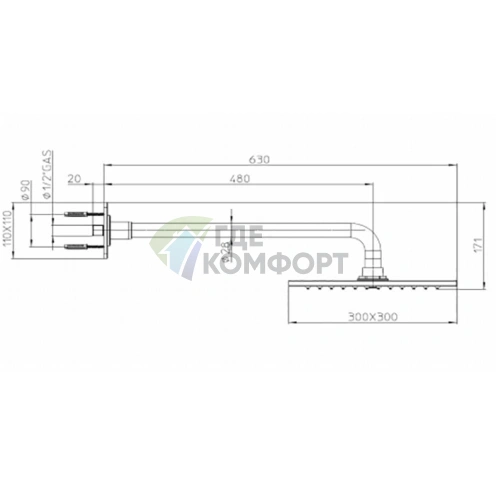 Верхний душ BOSSINI DREAM-CUBE 300x300 мм, хром, с держателем (H75365J.030) - фото 2