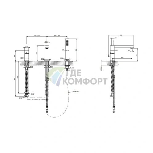 Смеситель для ванны Gessi Rettangolo с ручным душем, переключателем и изливом 195 мм, черный (20037#299) - фото 2