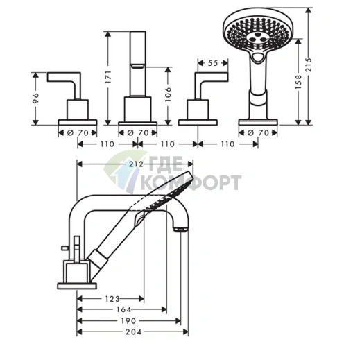 Смеситель для ванны AX Citterio на 4 отверстия с ручным душем и рычажными рукоятками, хром (39446000) - фото 2