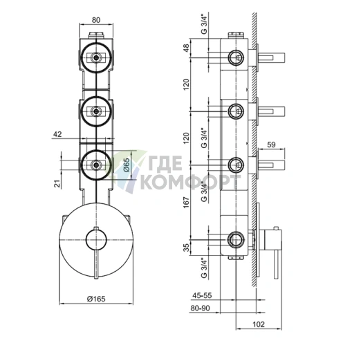 Термостатический смеситель для душа Fantini с 3 выходами 3/4 (19 00 6003A) - фото 2