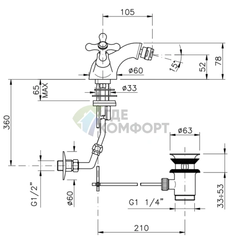 Смеситель для биде Nicolazzi Nuova Brenta с донным клапаном в цвете Gold Brass (2534GB) - фото 2