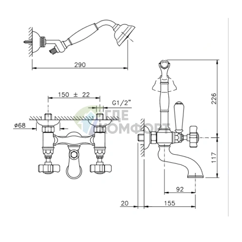Настенный смеситель для ванны Nicolazzi с душем и переключателем, хром (1402CR18) - фото 2