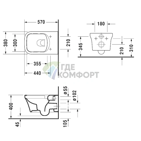 Унитаз подвесной Duravit P3 Comforts Rimless бесободковый с вертикальным смывом (2561090000) - фото 2