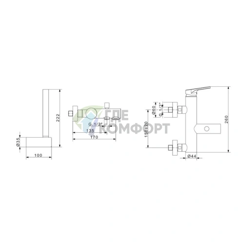 Настенный смеситель для ванны с душем AZZURRA LINEA (хром) (AN 57cr) - фото 2