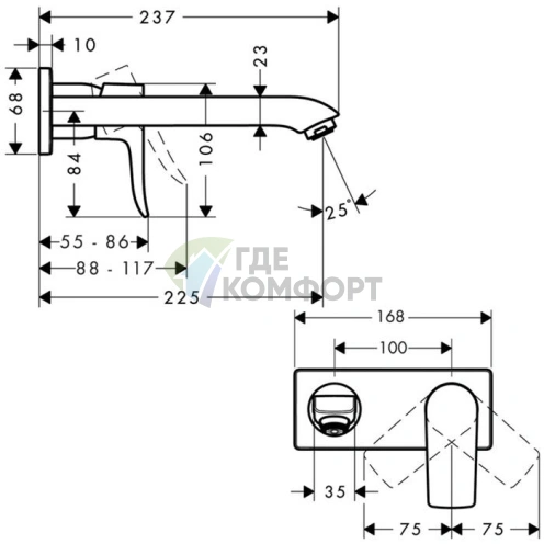 Смеситель для раковины Hansgrohe Metris встраиваемый, излив 225 мм, хром (31086000) - фото 2