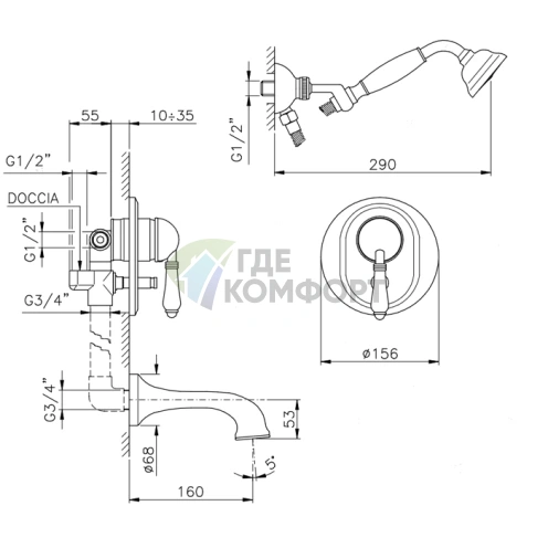 Смеситель для ванны Nicolazzi P.m. Blanc с ручным душем, бронза (3400BZ76) - фото 2