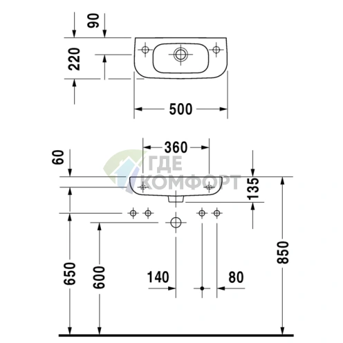 Раковина Duravit D-Code белая с переливом и отверстием под смеситель справа 500x220 мм (7065000082) - фото 4