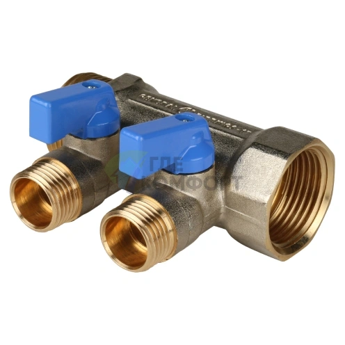 Коллектор распределительный 1 с запорными кранами и 2 отводами 1/2, ручки синие STOUT - фото 1