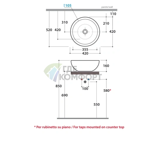 Накладная раковина GLOBO Forty3-Bowl 40x40 см без отверстия под смеситель, белая - фото 2