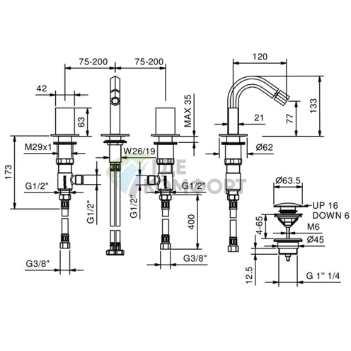 Смеситель для биде Fantini Venezia напольный, 3 отверстия, донный клапан, излив 120 мм, матовое медь PVD (29 P9 N409S) - фото 2
