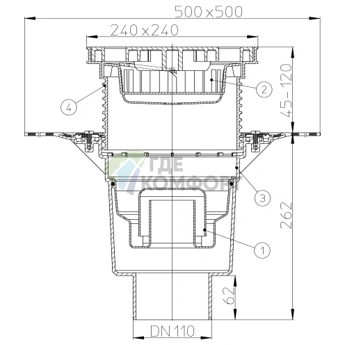 Трап HL616HSW с решеткой в подрамнике 226x226 мм-грязеуловителем-гидроизоляционным полотном и вертикальным выпуском DN110 - фото 3