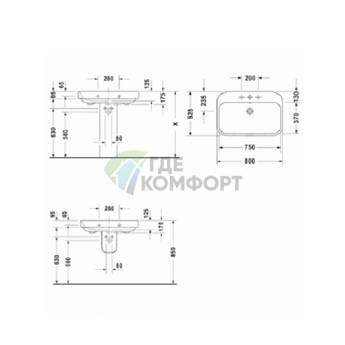 Раковина Duravit Happy D.2 800 мм с переливом и 3 отверстиями под смеситель (2316800030) - фото 2
