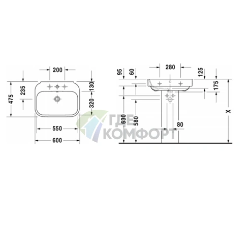 Раковина DURAVIT Happy D2 60x47.5 см белая с отверстием под смеситель (2316600000) - фото 2