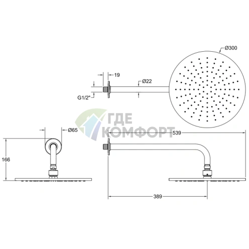 Душевая головка GESSI INCISO настенная шарнирная 300 мм, цвет nero, подключение 1/2 (58248#299) - фото 2