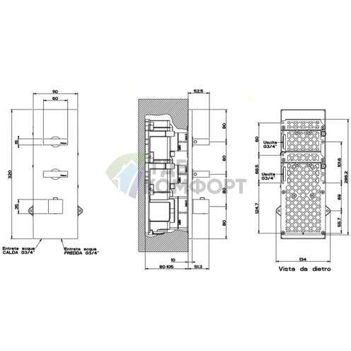 Встраиваемый термостат Gessi Rettangolo с подключением 3/4 и двумя независимыми выходами, хром (43024#031) - фото 2