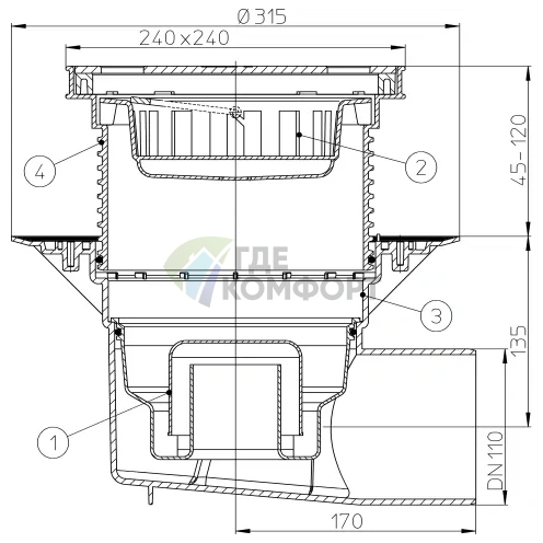 Трап HL615SW с решеткой в подрамнике 226x226 мм-грязеуловителем и горизонтальным выпуском DN110 - фото 3