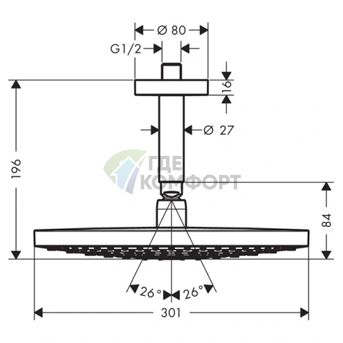 Верхний душ HG Raindance Select S D300 мм: Мультифункциональный потолочный душ с системой RainAir и шарнирной системой подключения (27337400) - фото 2
