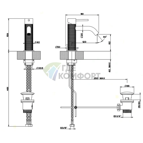 Смеситель для раковины GESSI 316 на одно отверстие с донным клапаном, излив 123 мм, цвет сталь щеточная (54201#239) - фото 2