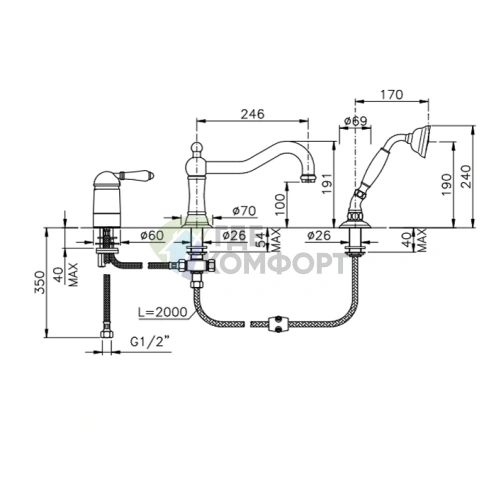 Смеситель для ванны Nicolazzi El Capitan с изливом и ручным душем, бронза (3449BZ75) - фото 2